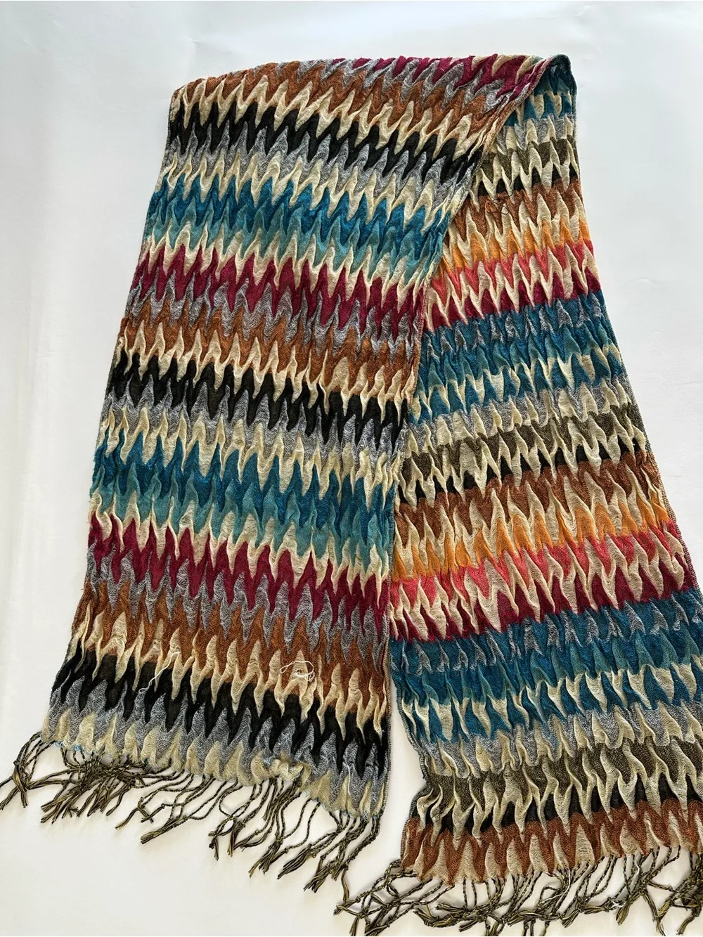 70s Boho Multicolor Zigzag Knit Scarf Missoni Inspired Fringe Multicolor Chevron